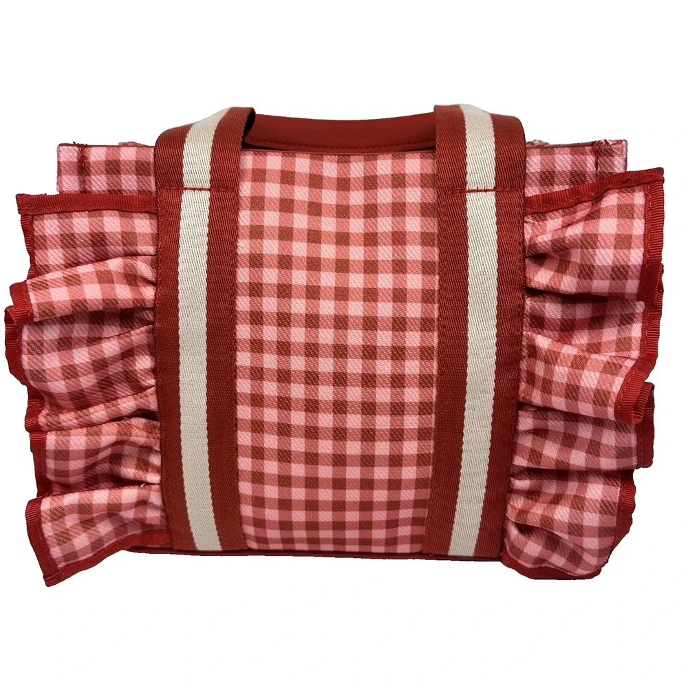 Betsey Johnson Pink Red Gingham LB Ruffle Tote Bag Heart Charm Crossbody NWT